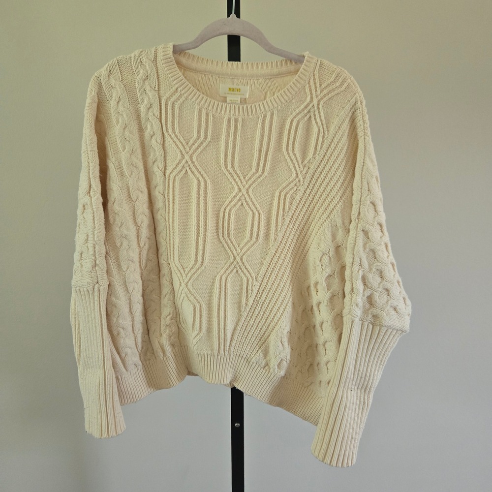 Maeve Anthropologie Ivory Cable Knit Batwing Sleeve Sweater Medium Coastal Boho